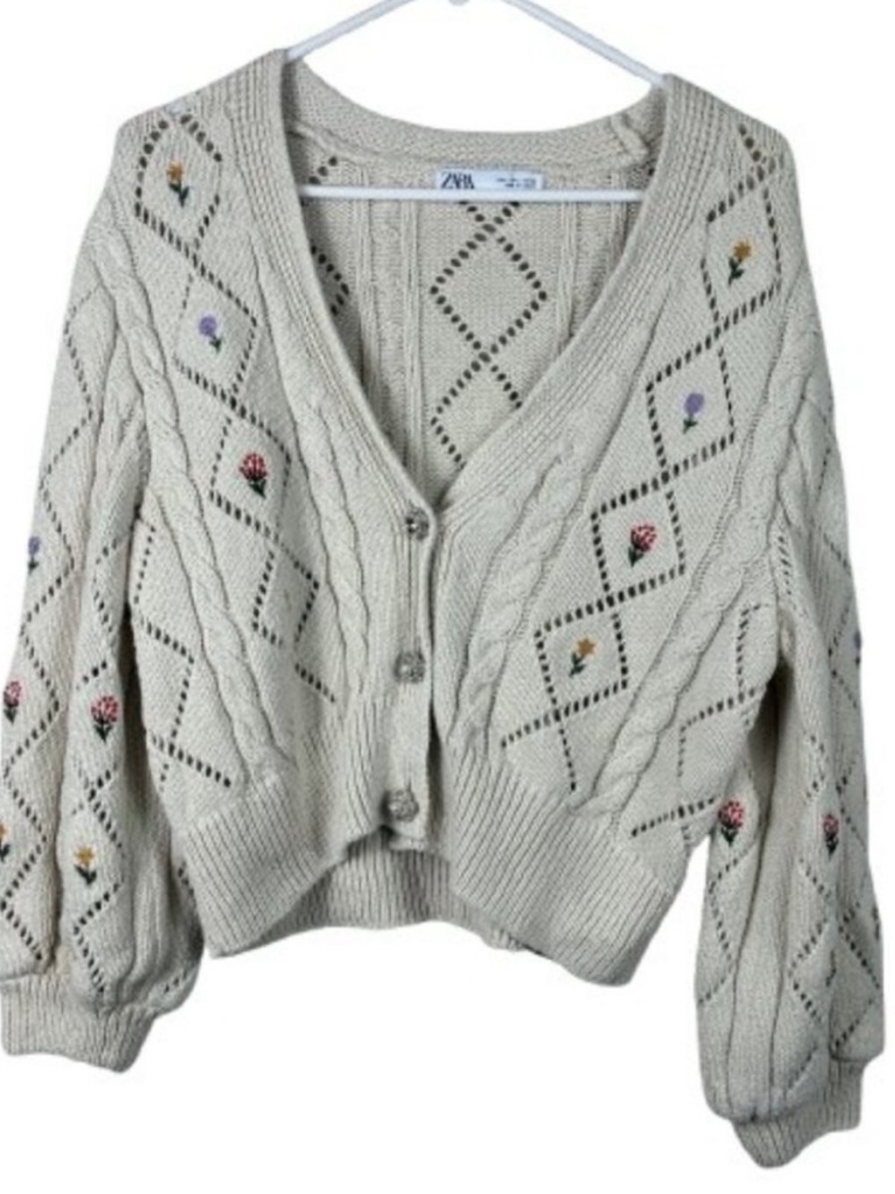 ZARA Cream Knit Cropped Cardigan with Embroidered Florals